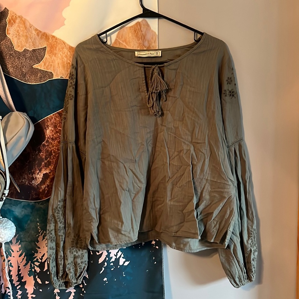 Abercrombie & Fitch Olive Green Tassel Peasant Blouse
